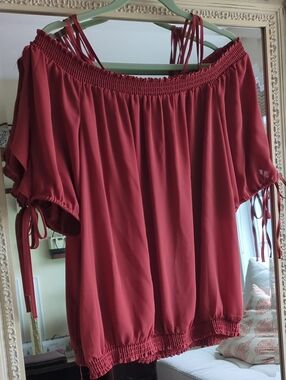 Avenue Off-Shoulder Burgundy Blouse